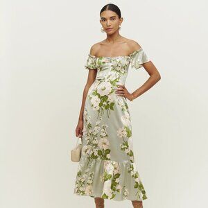 Reformation Green Floral Off-Shoulder Midi Dress